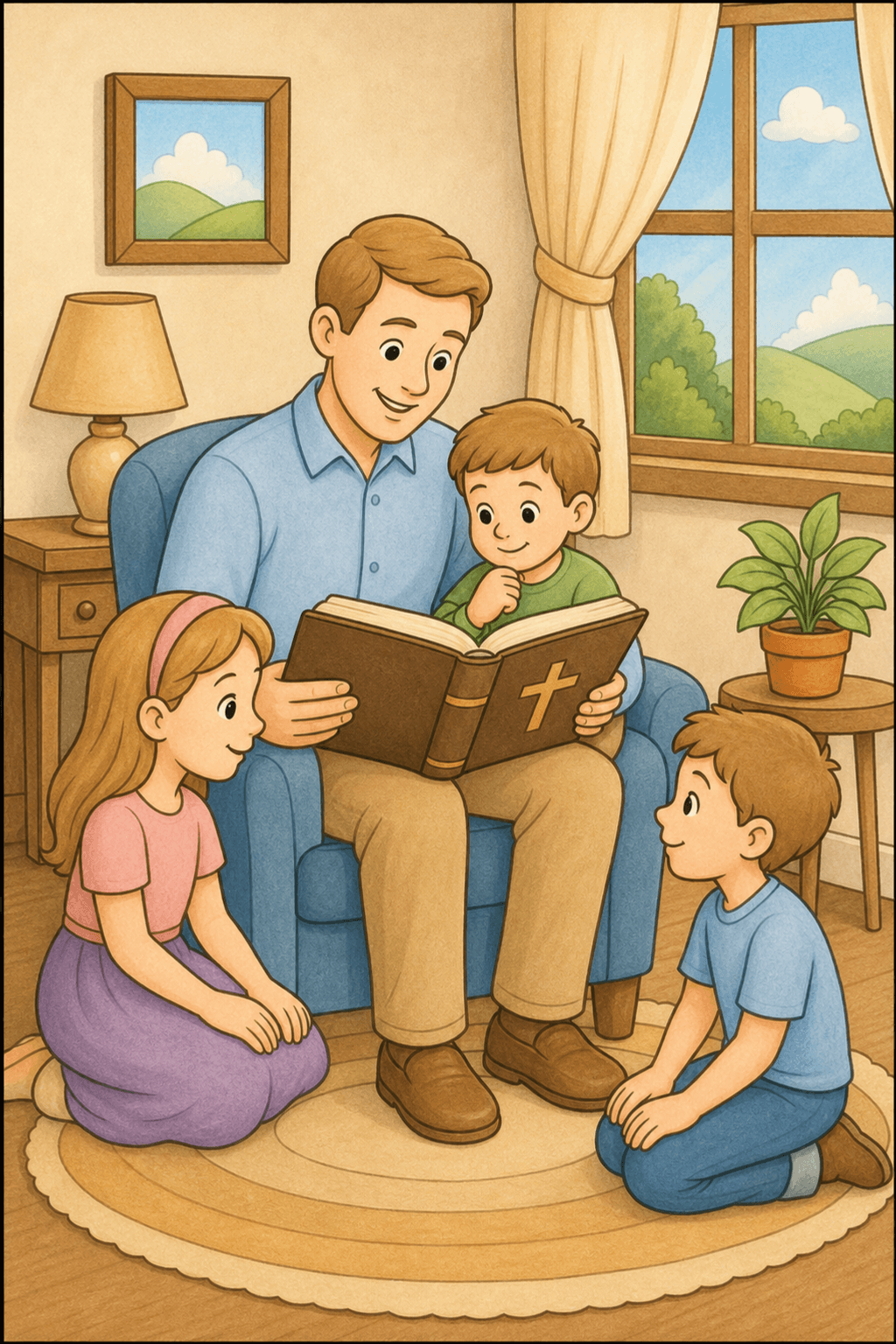 Family Bible Reading in the Living Room storybook colorized preview