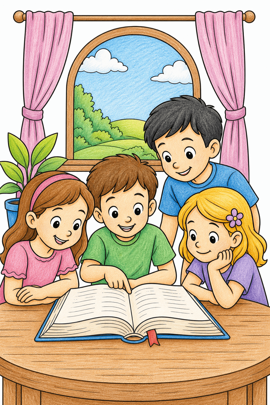 Children Reading an Open Book Together colored-pencil colorized preview