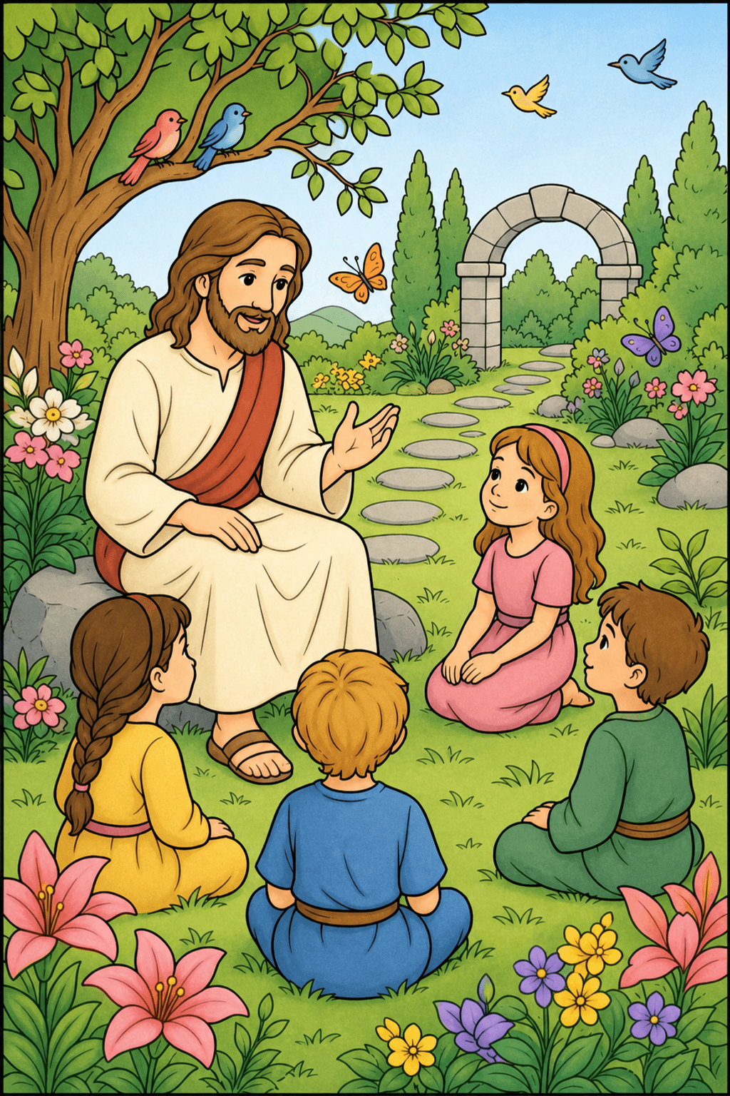 Children Listening to a Teacher in a Bible Garden storybook colorized preview