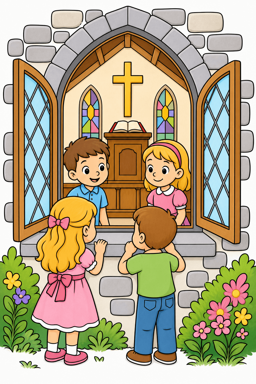 Children Gathering at an Open Church Window clean-digital colorized preview