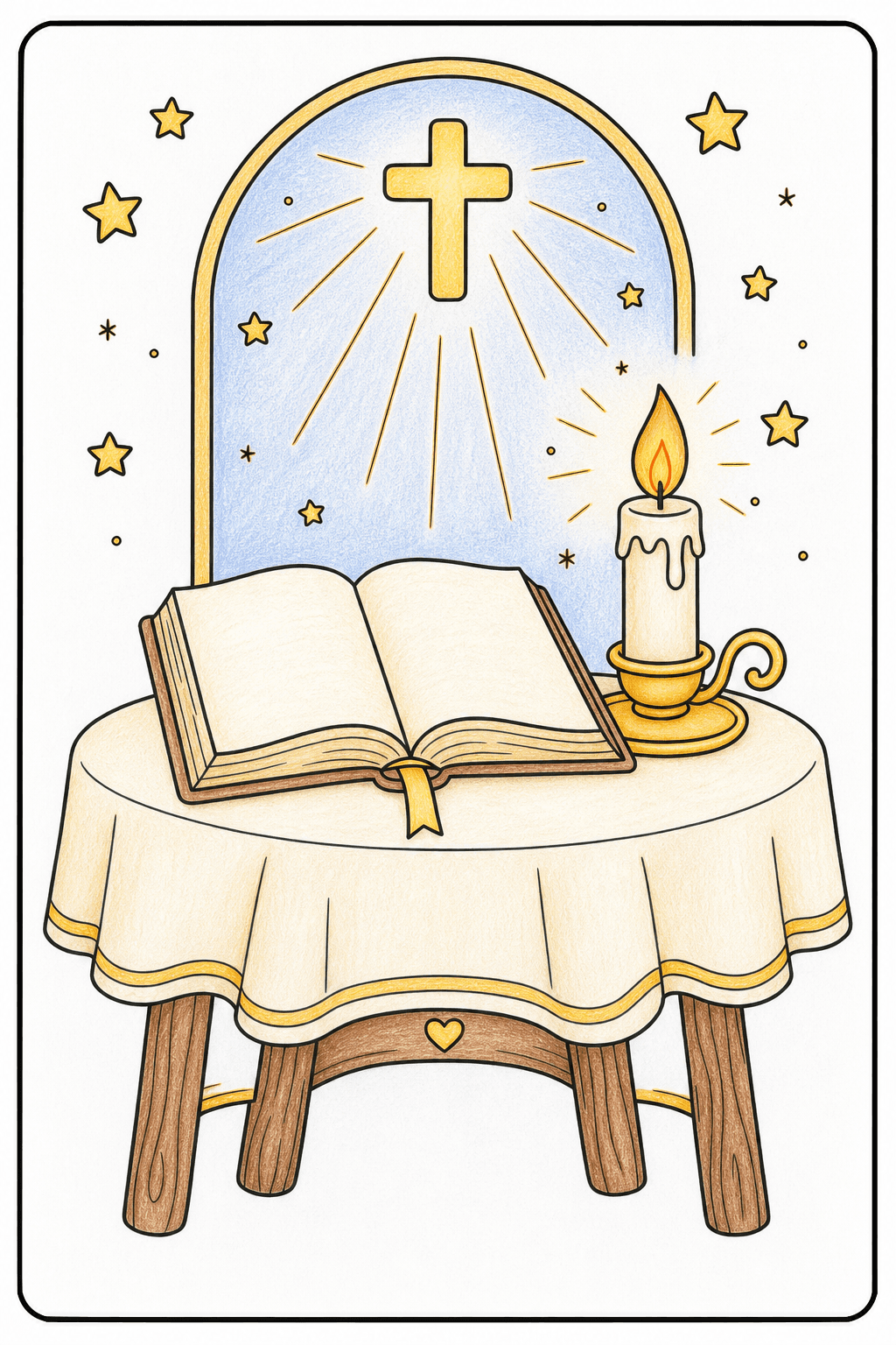 Open Book and Lit Candle Beneath a Cross colored-pencil colorized preview