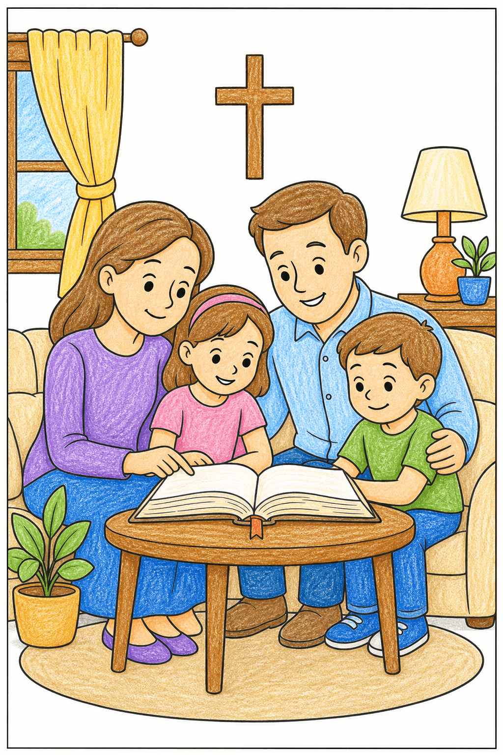 Family Reading Together Beneath a Wall Cross crayon colorized preview