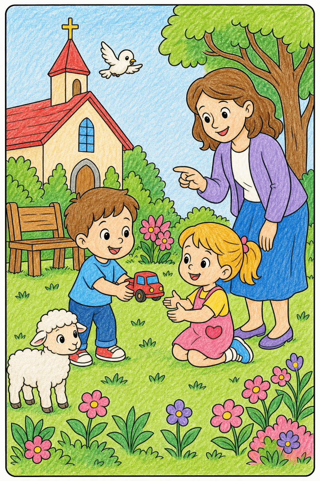 Children Sharing a Toy Near a Church crayon colorized preview