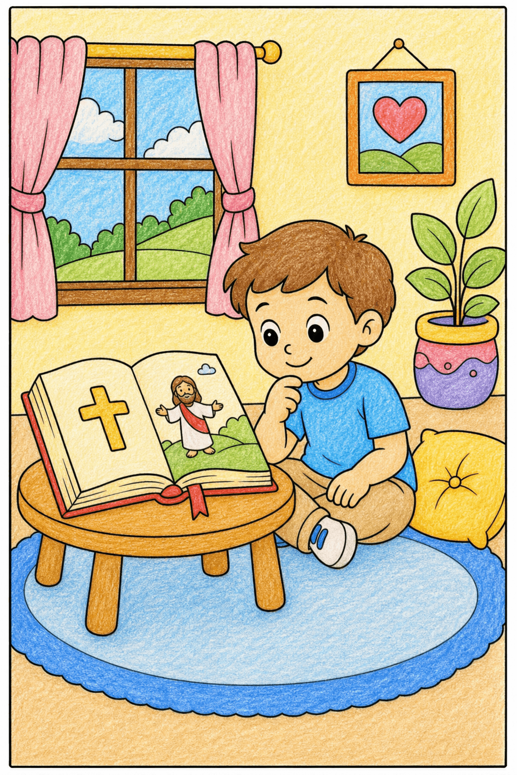 Child with an Open Bible Coloring Page crayon colorized preview