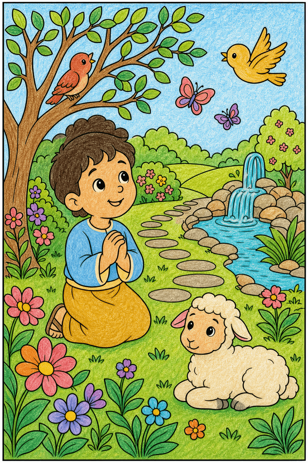 Praying Child with a Lamb in a Peaceful Garden crayon colorized preview