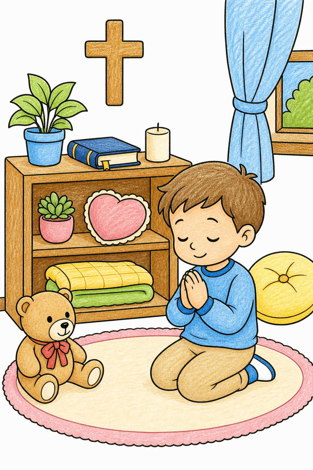 Child Praying in a Cozy Prayer Corner crayon colorized preview