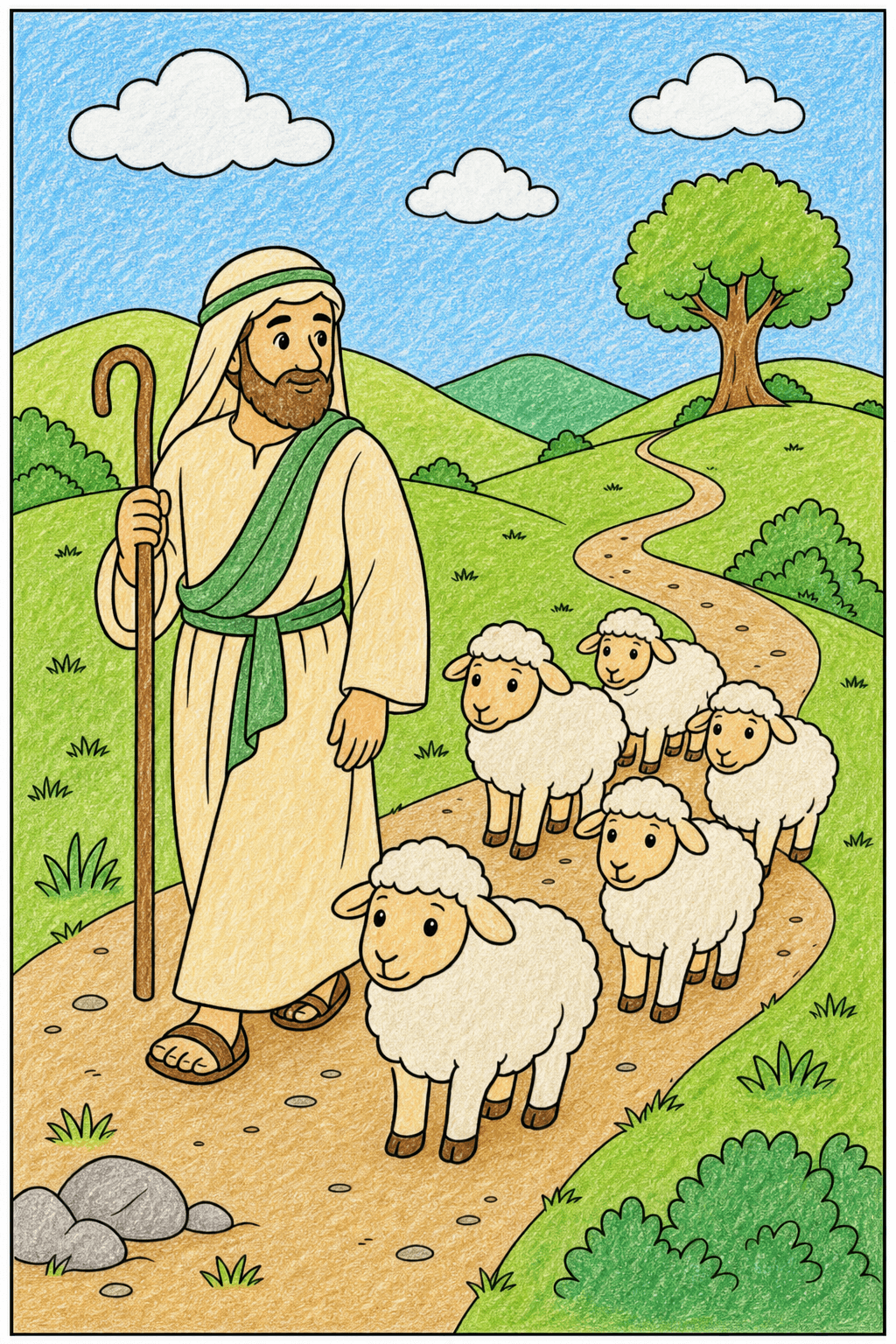Shepherd Leading Sheep Along a Winding Path crayon colorized preview