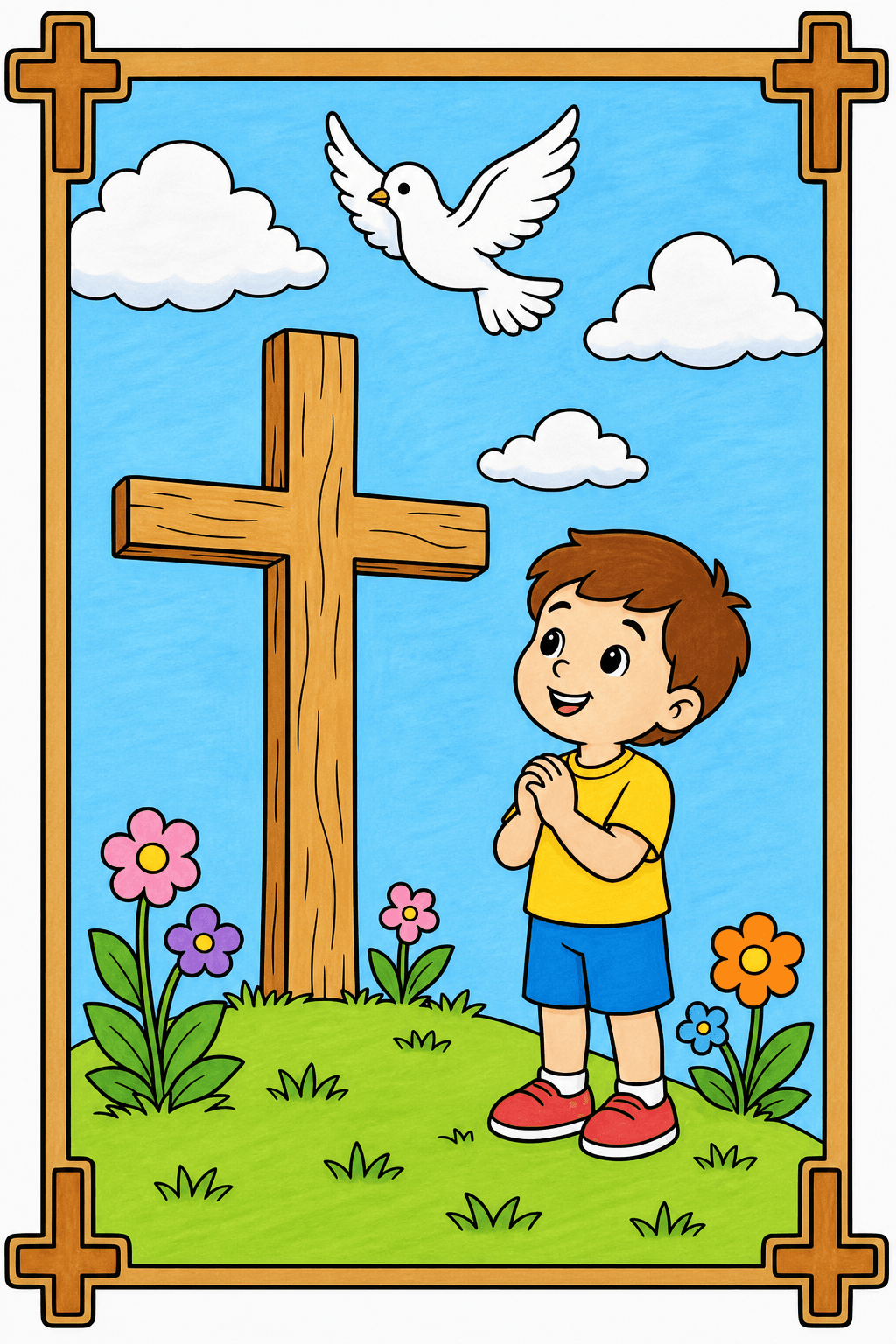 Child Praying Beside a Cross and Dove marker colorized preview