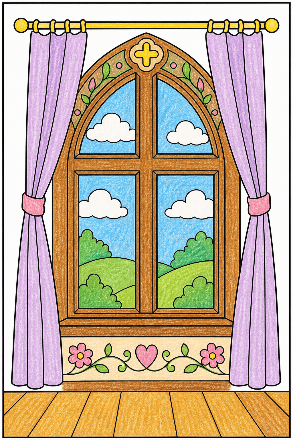 Arched Church Window with Open Curtains crayon colorized preview