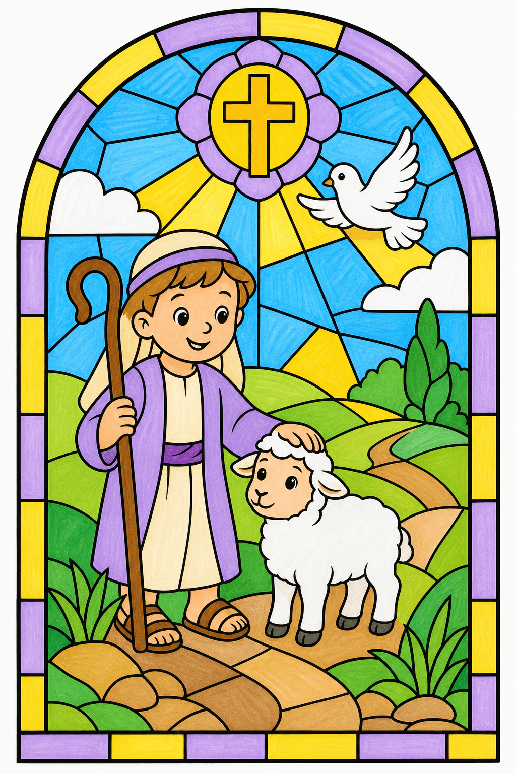 Shepherd and Lamb Stained Glass Scene marker colorized preview