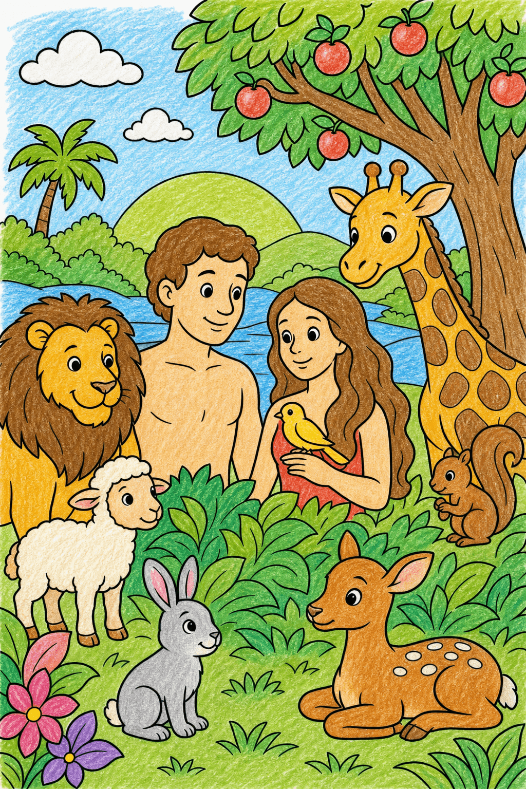 Simple Bible Garden of Eden Animals crayon colorized preview