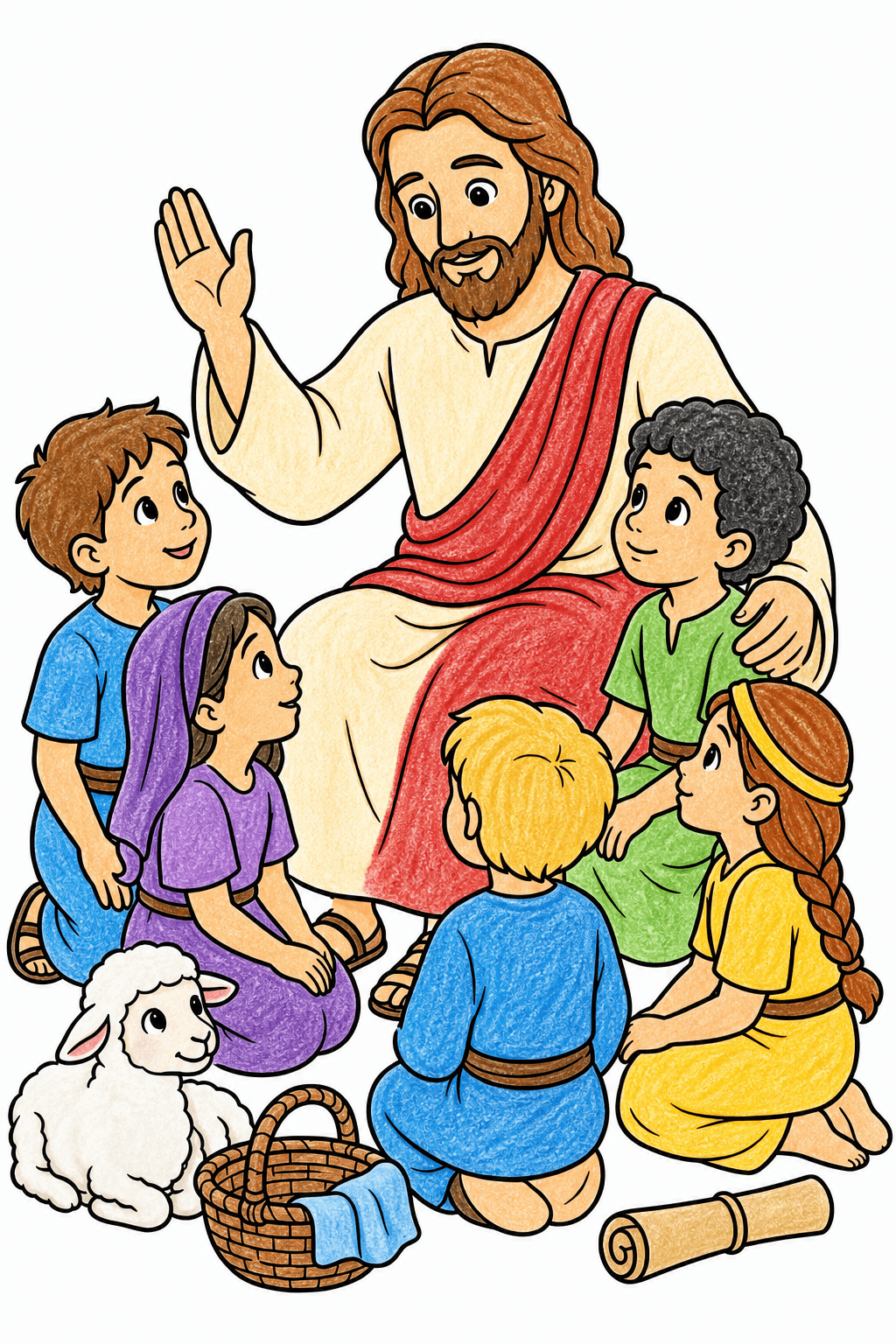 Simple Bible Jesus Blesses Children crayon colorized preview