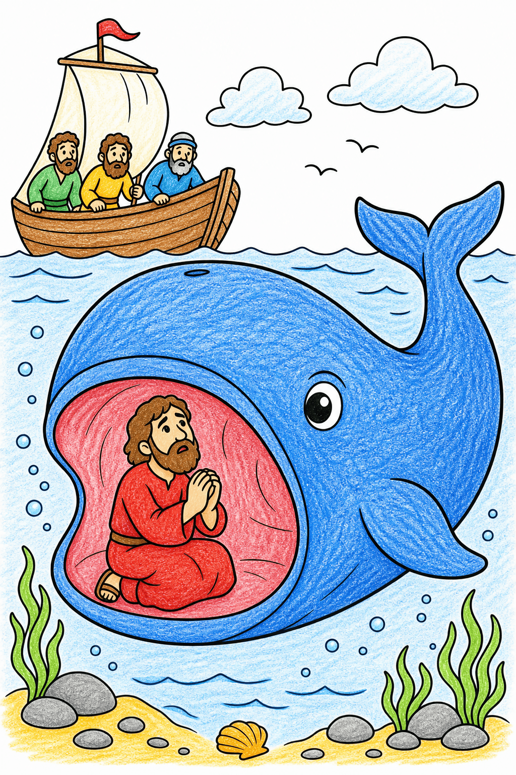 Simple Bible Jonah Whale crayon colorized preview