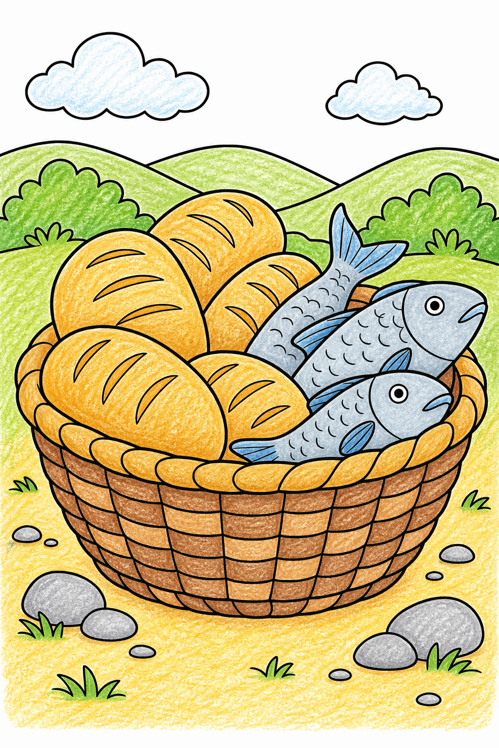 Simple Bible Loaves and Fishes crayon colorized preview