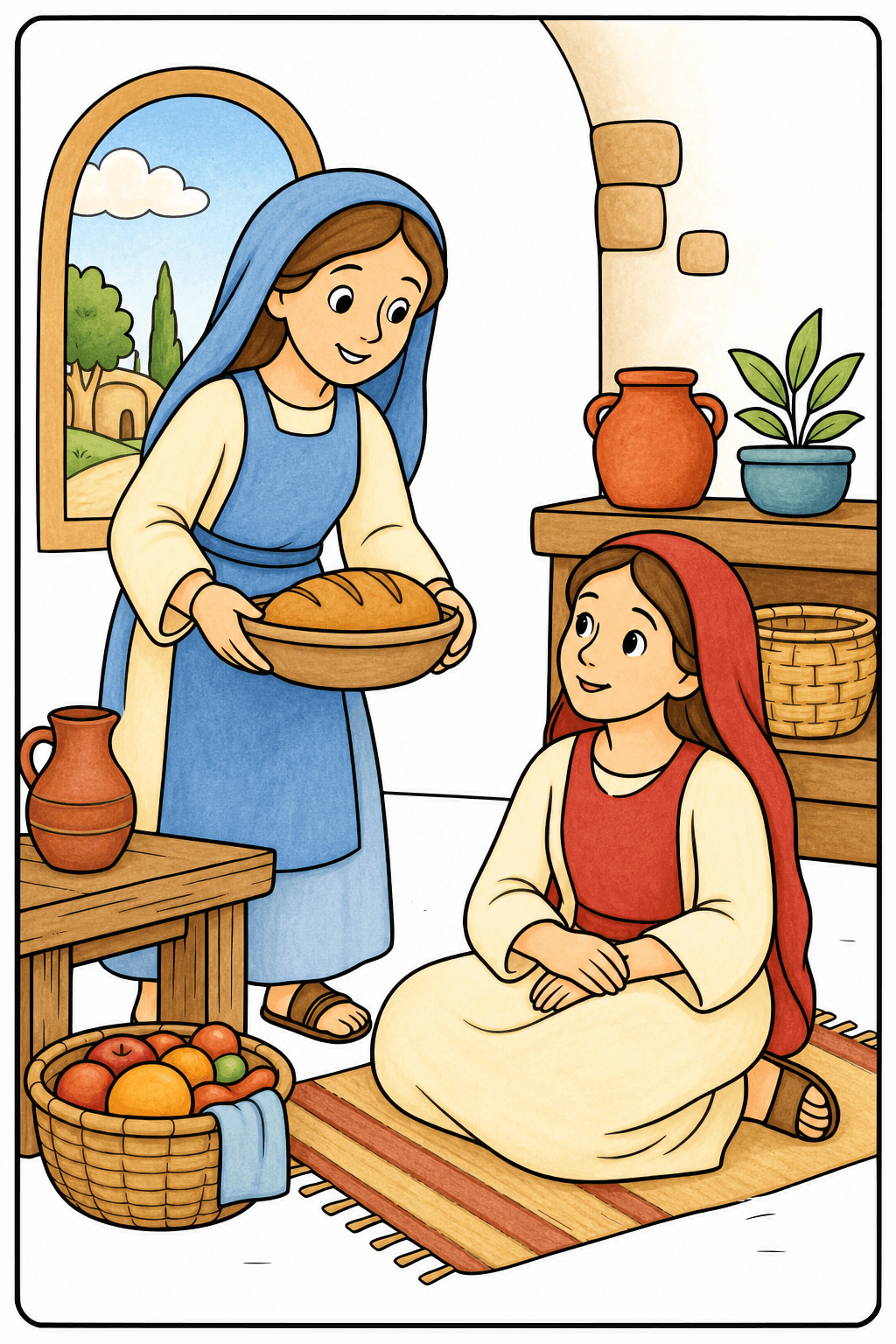 Simple Bible Mary and Martha storybook colorized preview