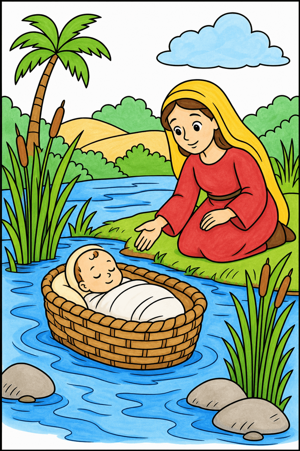 Simple Bible Baby Moses Basket River marker colorized preview