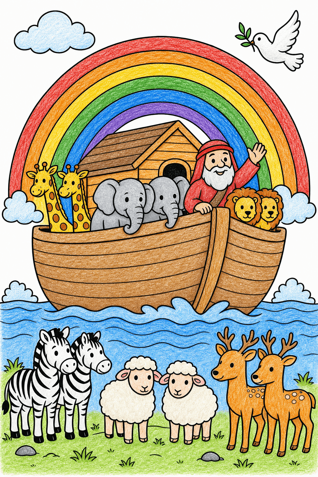 Simple Bible Noah Ark Rainbow crayon colorized preview