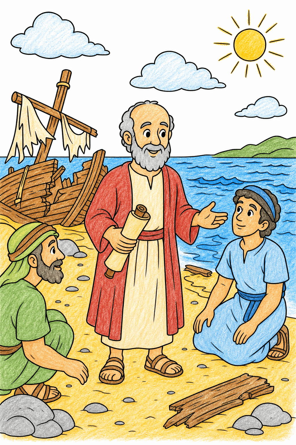Simple Bible Paul Shipwreck Bible crayon colorized preview