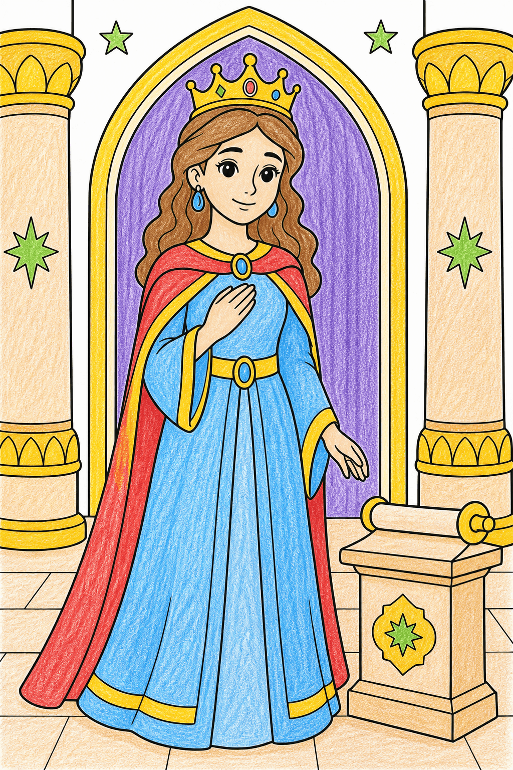 Simple Bible Esther crayon colorized preview