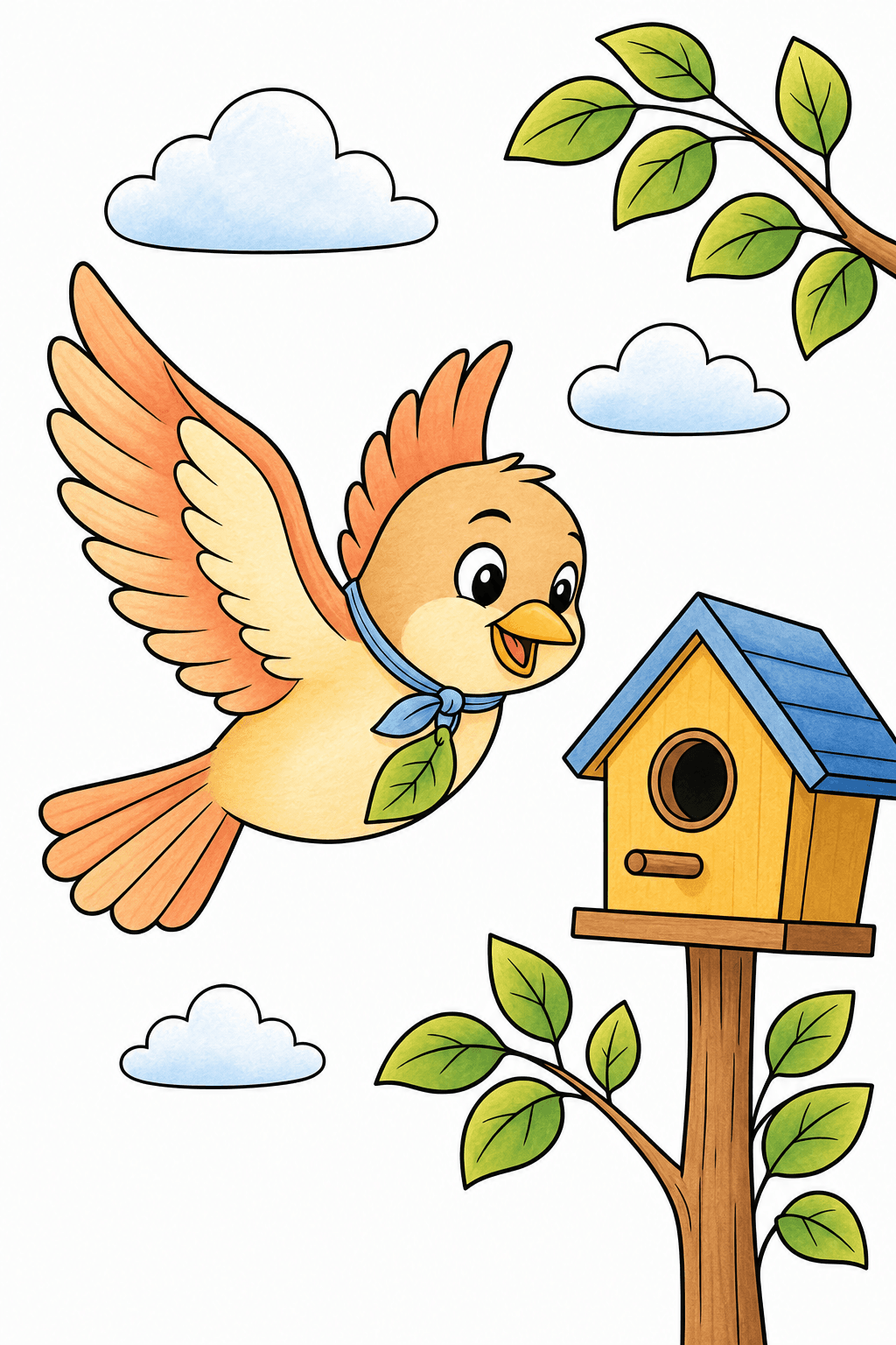 Bird Flying Toward a Birdhouse storybook colorized preview