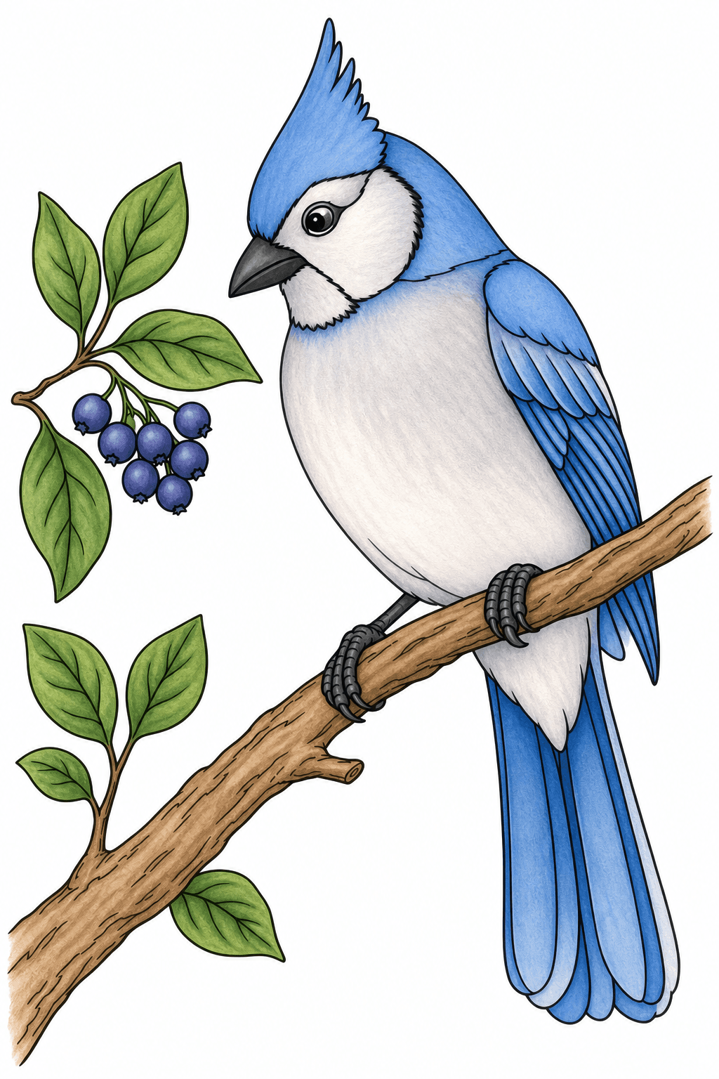 Crested Bird Perched Beside Berries storybook colorized preview