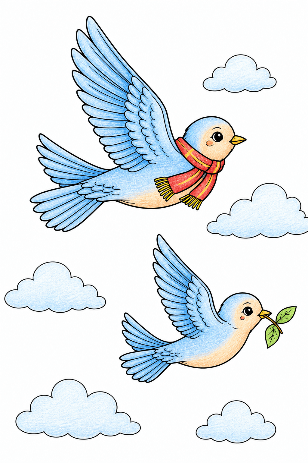 Two Birds Flying Among Clouds colored-pencil colorized preview