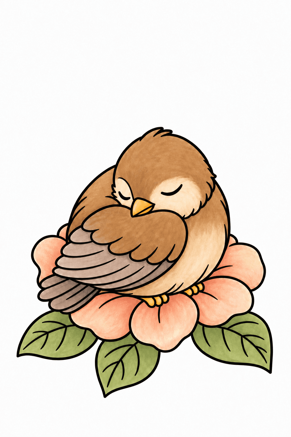 Sleeping Bird on a Flower Coloring Page storybook colorized preview