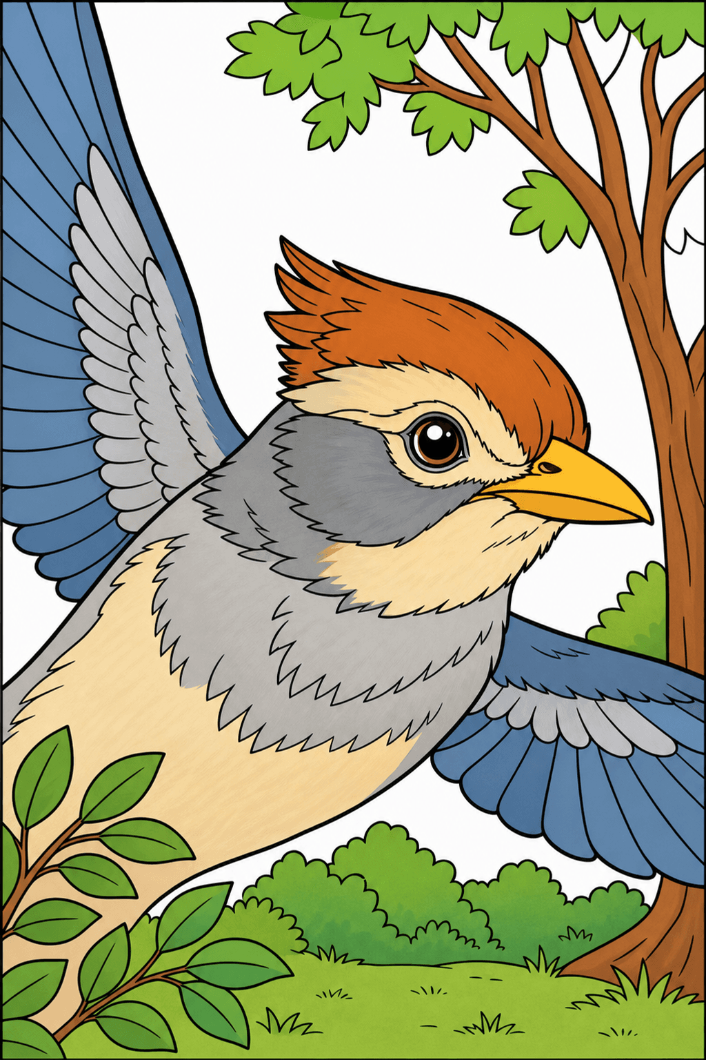 Close-Up Bird Flying Through a Forest Clearing clean-digital colorized preview