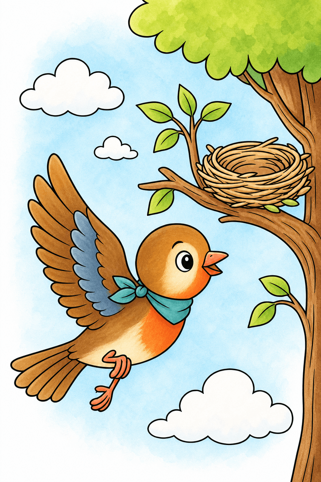 Flying Bird Approaching a Tree Nest storybook colorized preview