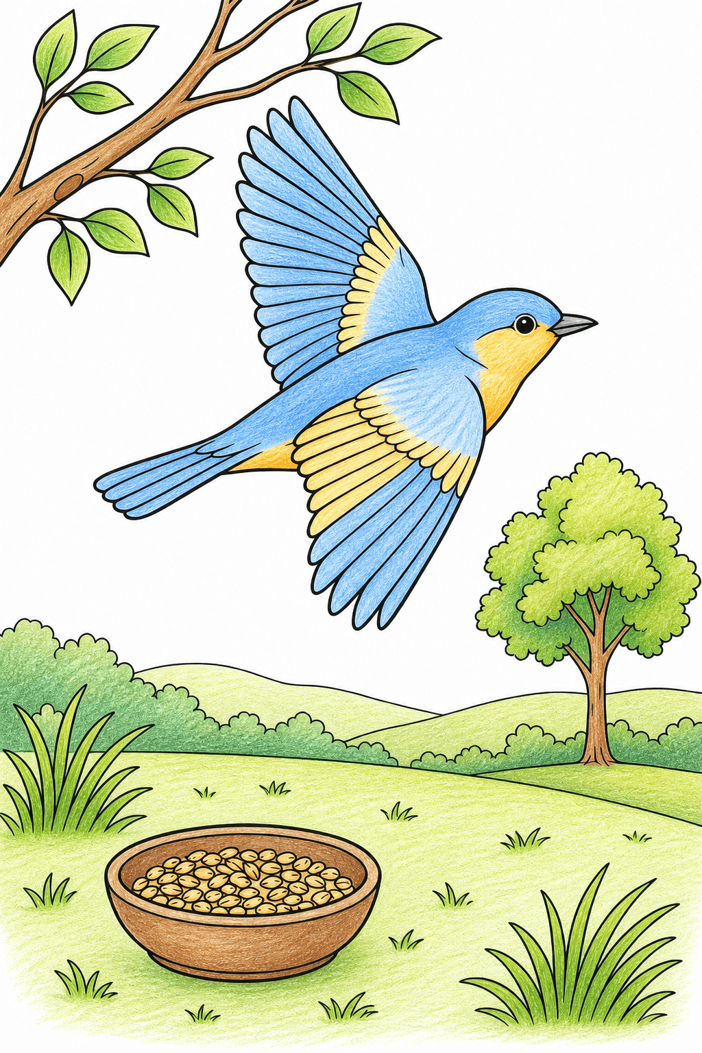 Flying Bird Above a Seed Bowl colored-pencil colorized preview