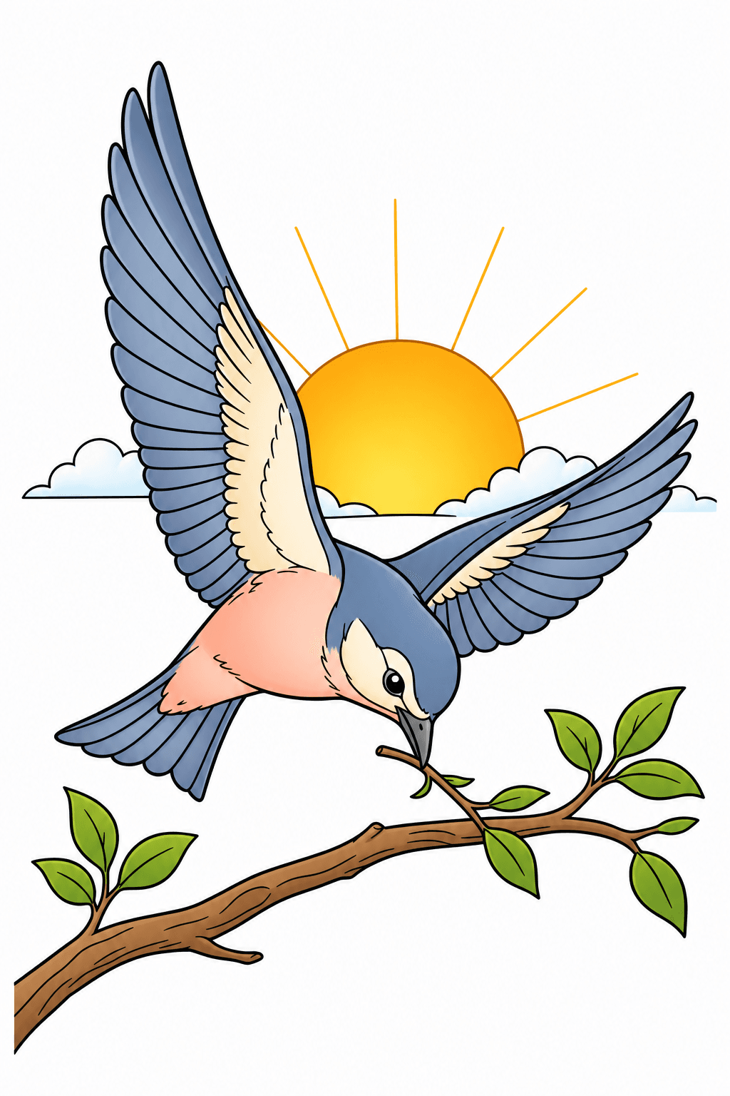 Bird Gliding Toward a Leafy Branch clean-digital colorized preview