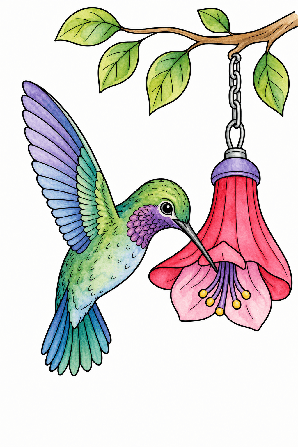 Hummingbird Feeding from a Hanging Flower watercolor colorized preview