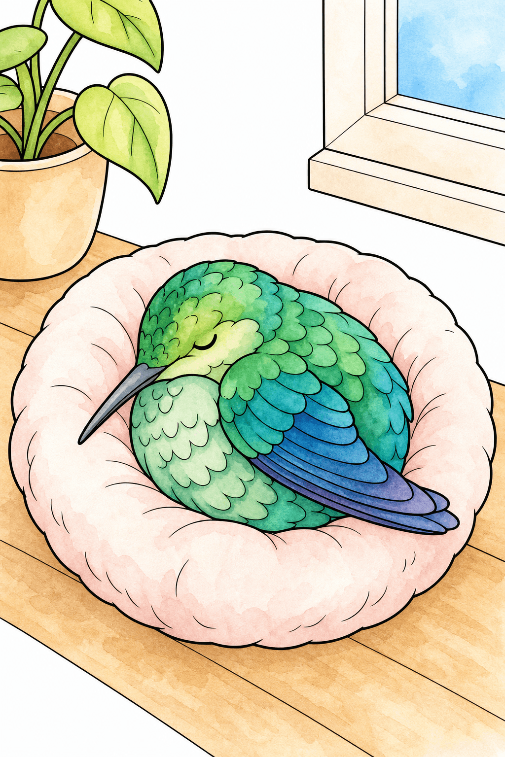 Sleeping Hummingbird on a Soft Cushion watercolor colorized preview