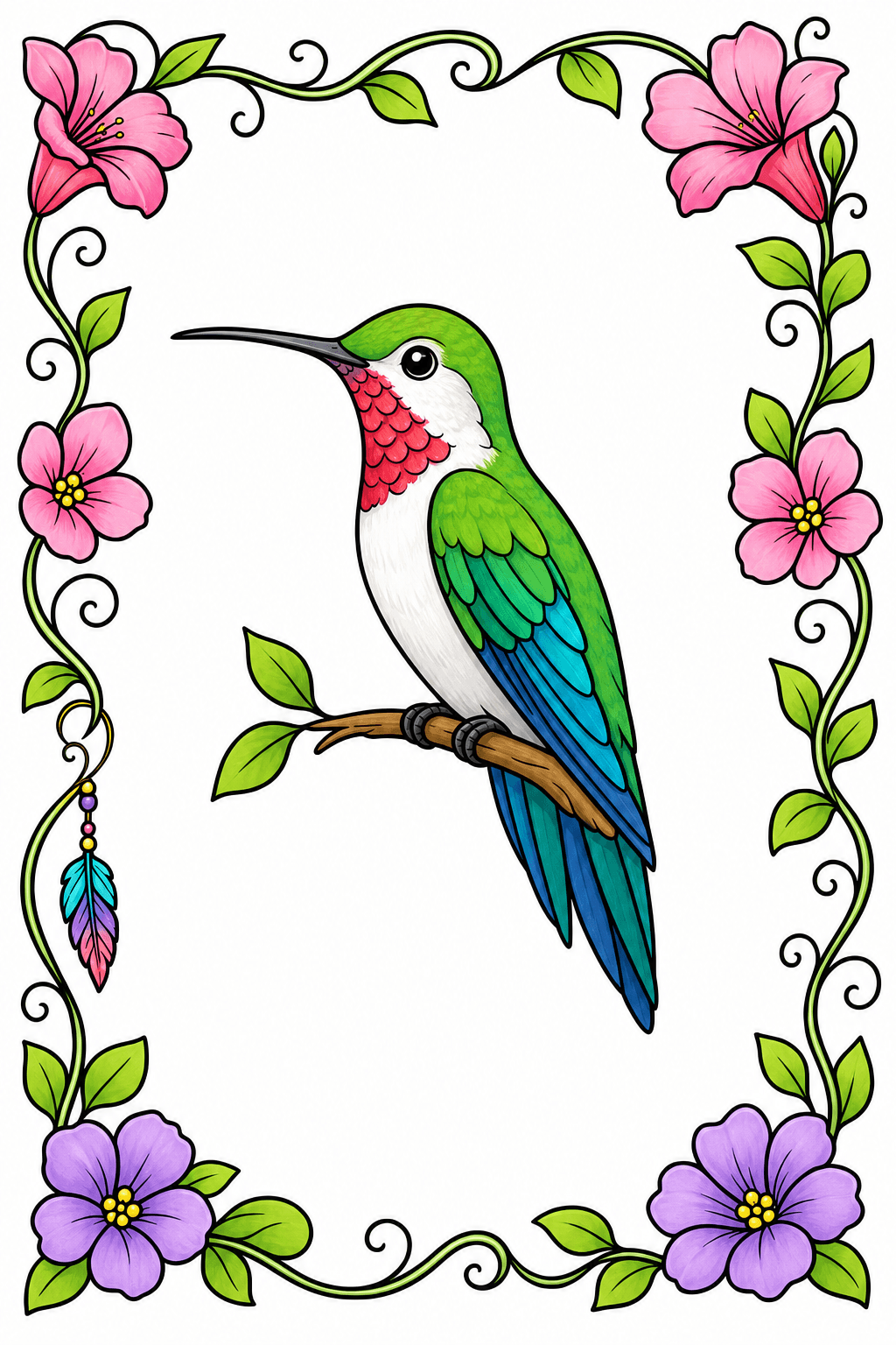 Hummingbird Framed by Floral Vines clean-digital colorized preview