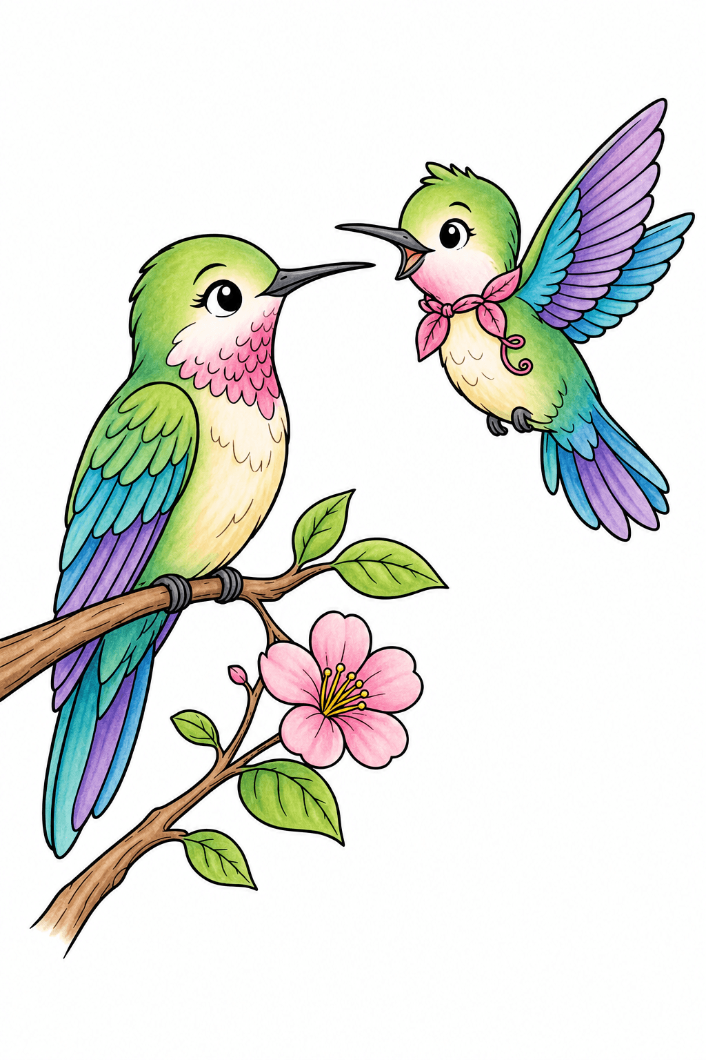 Two Hummingbirds by a Flower storybook colorized preview