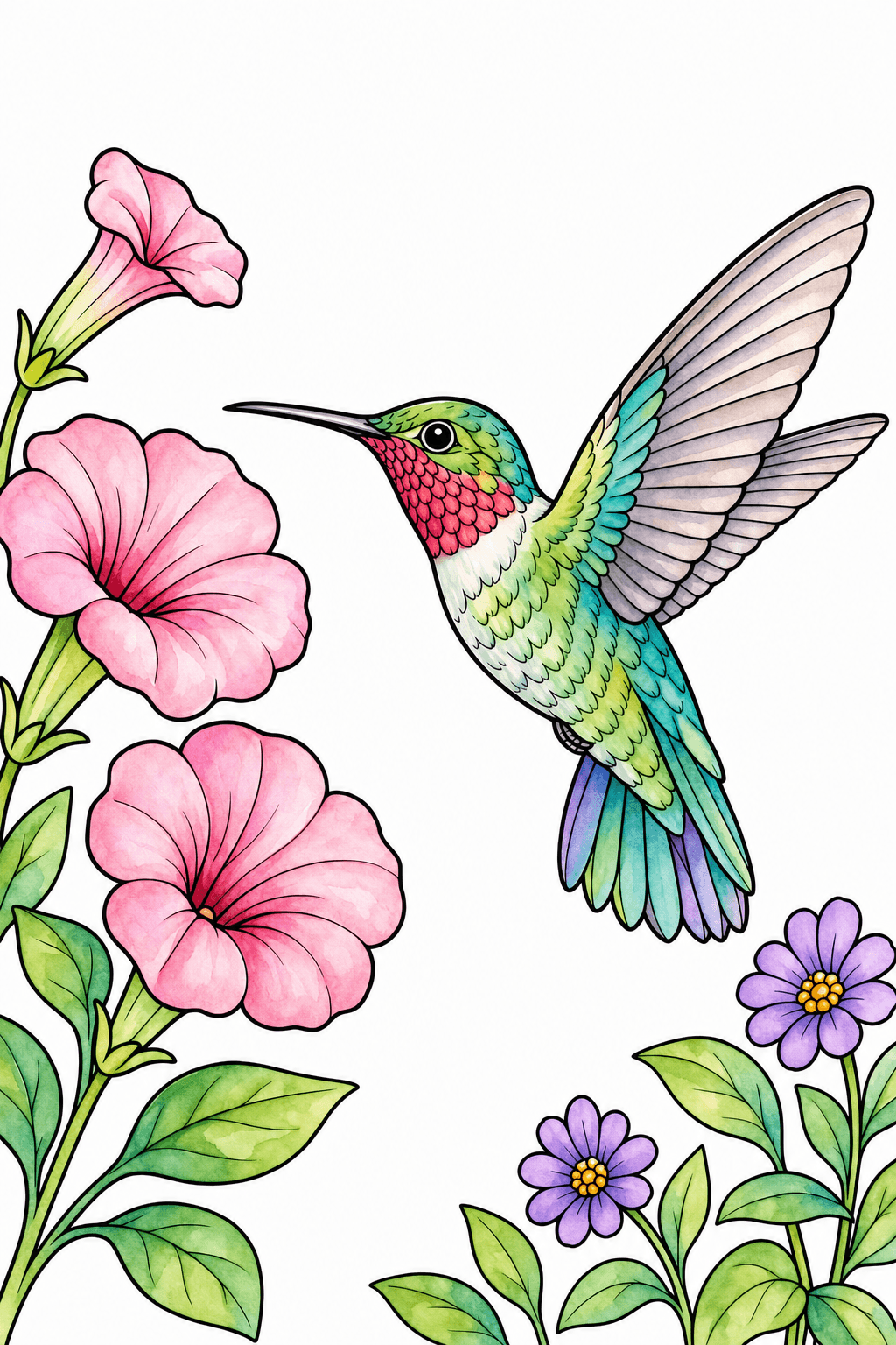 Hummingbird Among Garden Flowers watercolor colorized preview