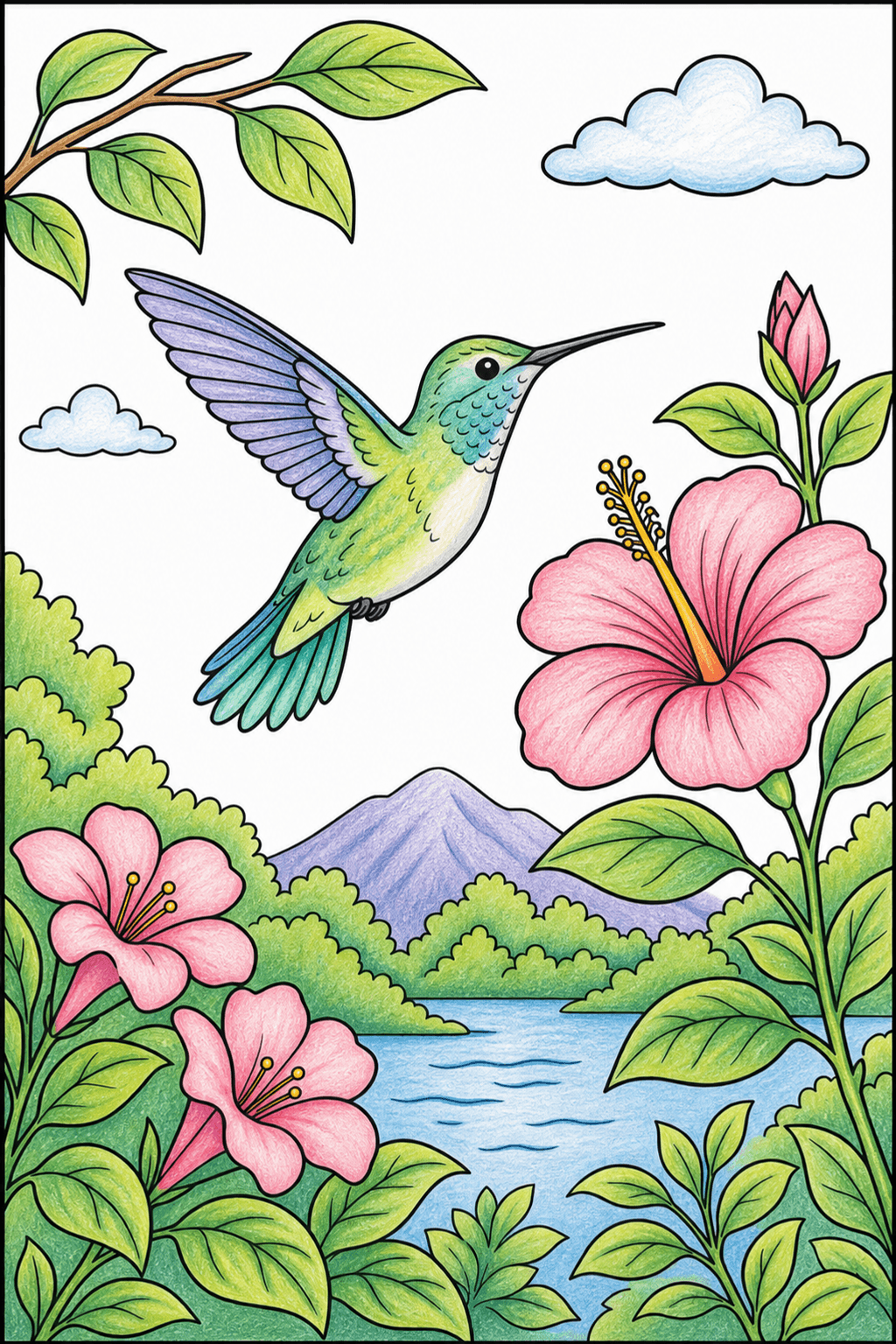 Hummingbird in a Hibiscus Garden colored-pencil colorized preview