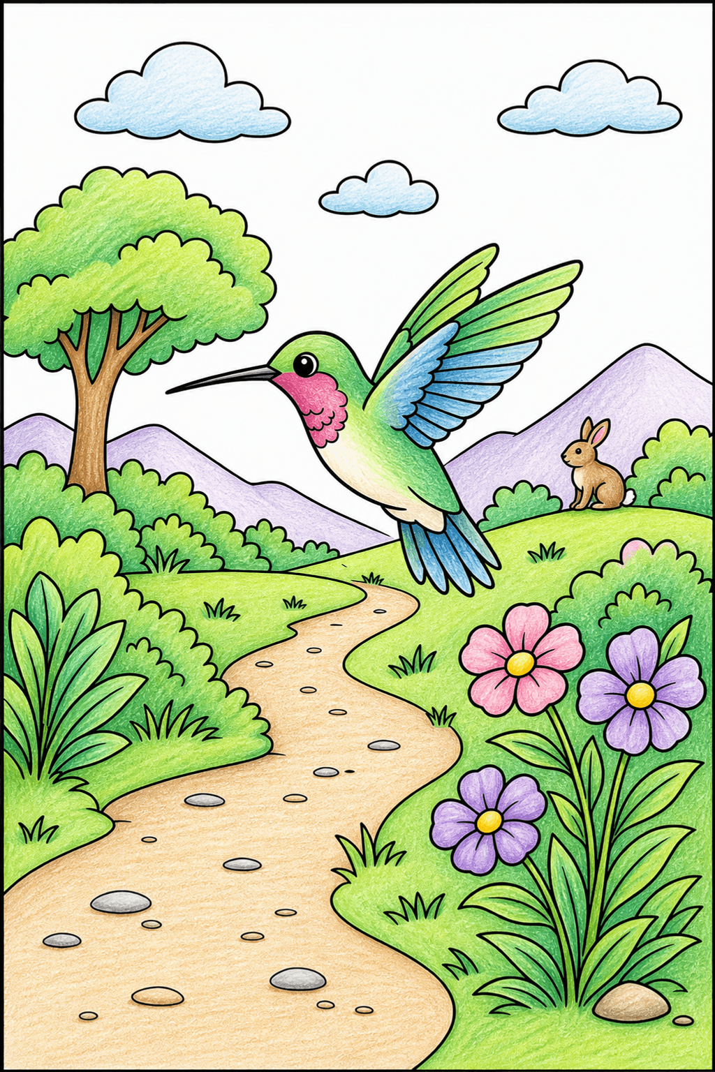 Hummingbird Flying Above a Winding Path colored-pencil colorized preview