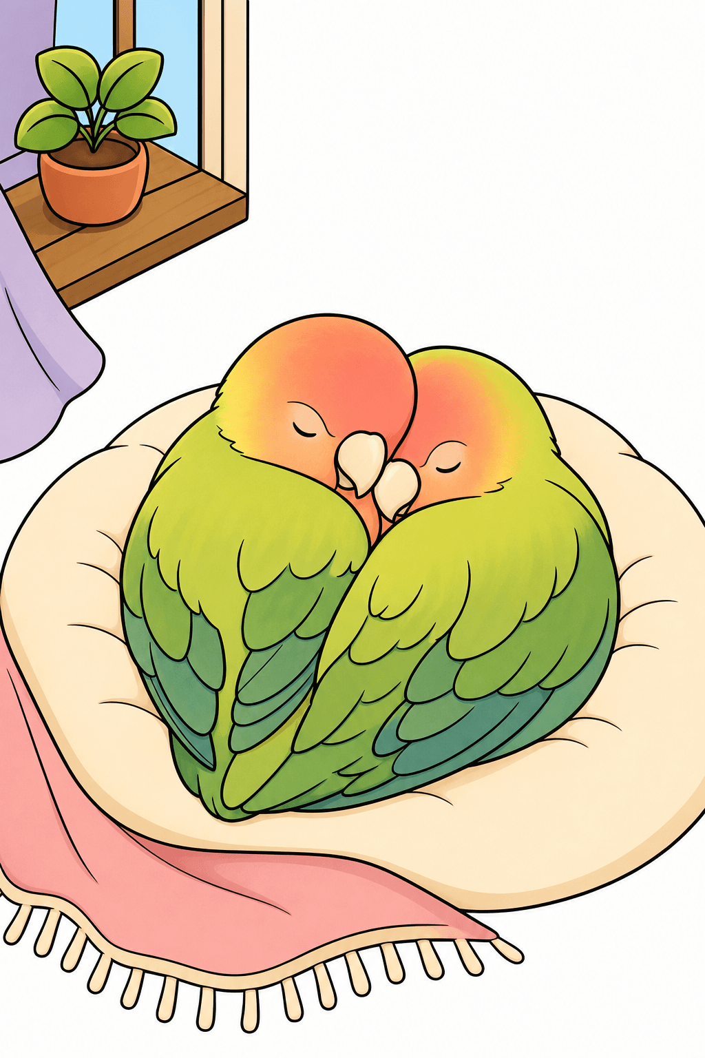 Sleeping Love Birds on a Cozy Cushion clean-digital colorized preview
