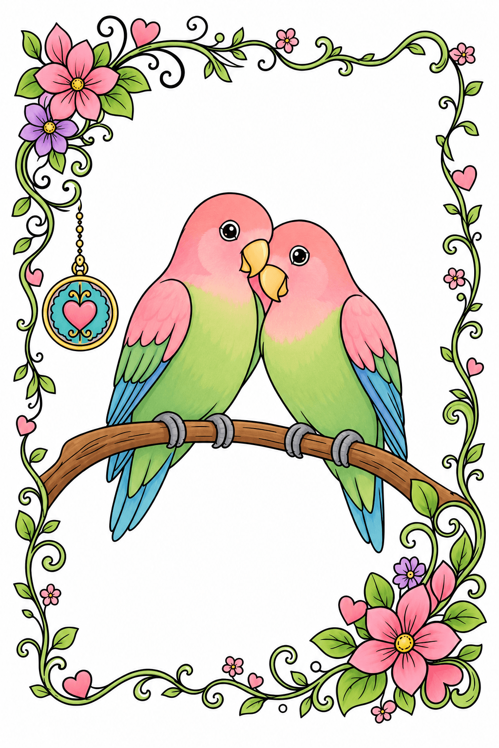 Love Birds Inside a Floral Vine Border clean-digital colorized preview