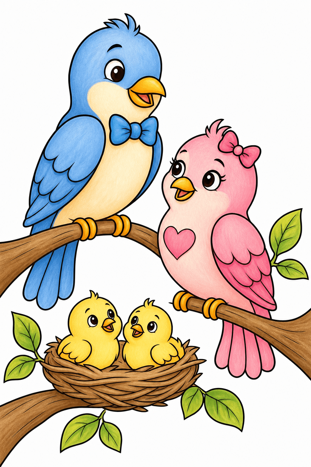 Bird Family Gathered Around a Nest storybook colorized preview