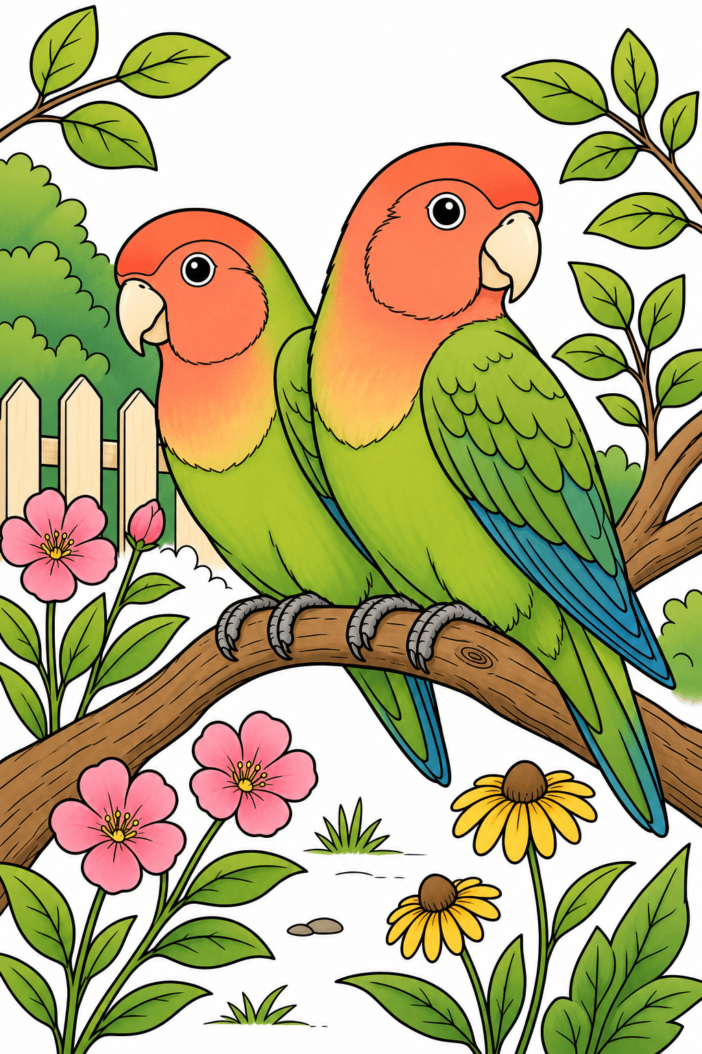 Lovebirds Perched in a Garden clean-digital colorized preview