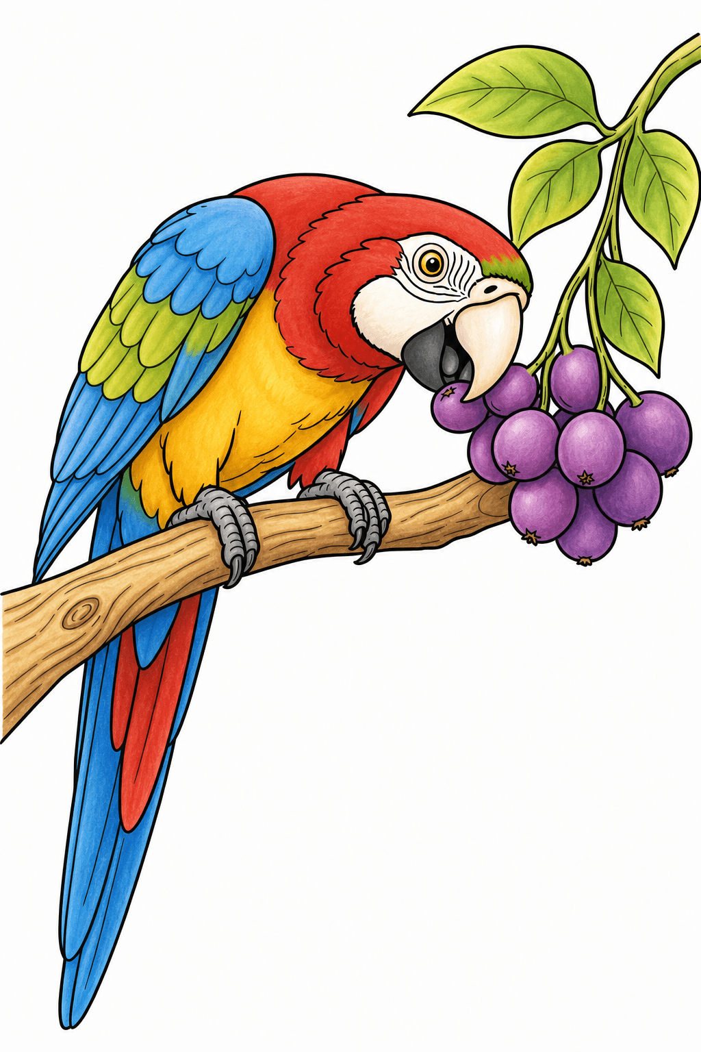 Parrot Eating Fruit from a Hanging Cluster storybook colorized preview