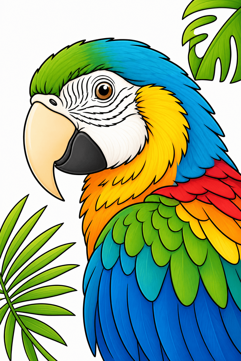 Close-Up Parrot Framed by Tropical Leaves clean-digital colorized preview