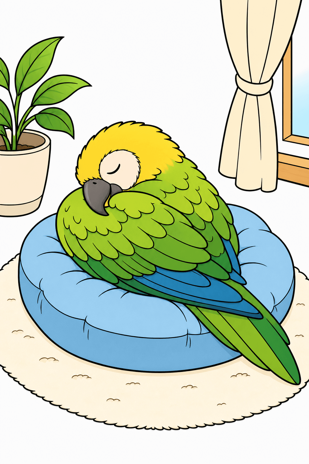 Sleeping Parrot on a Cozy Pet Bed clean-digital colorized preview