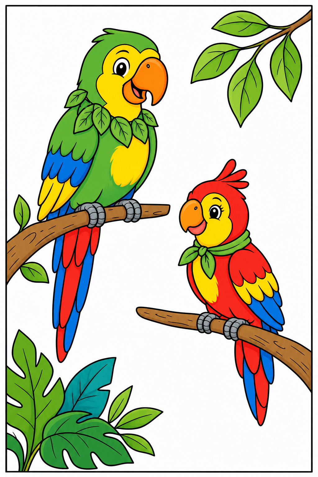 Two Parrots on Tropical Branches clean-digital colorized preview