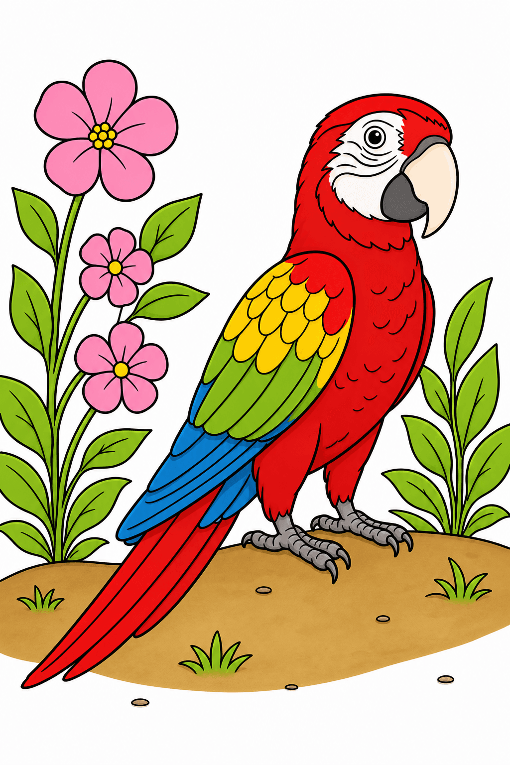 Parrot Standing Among Garden Flowers clean-digital colorized preview