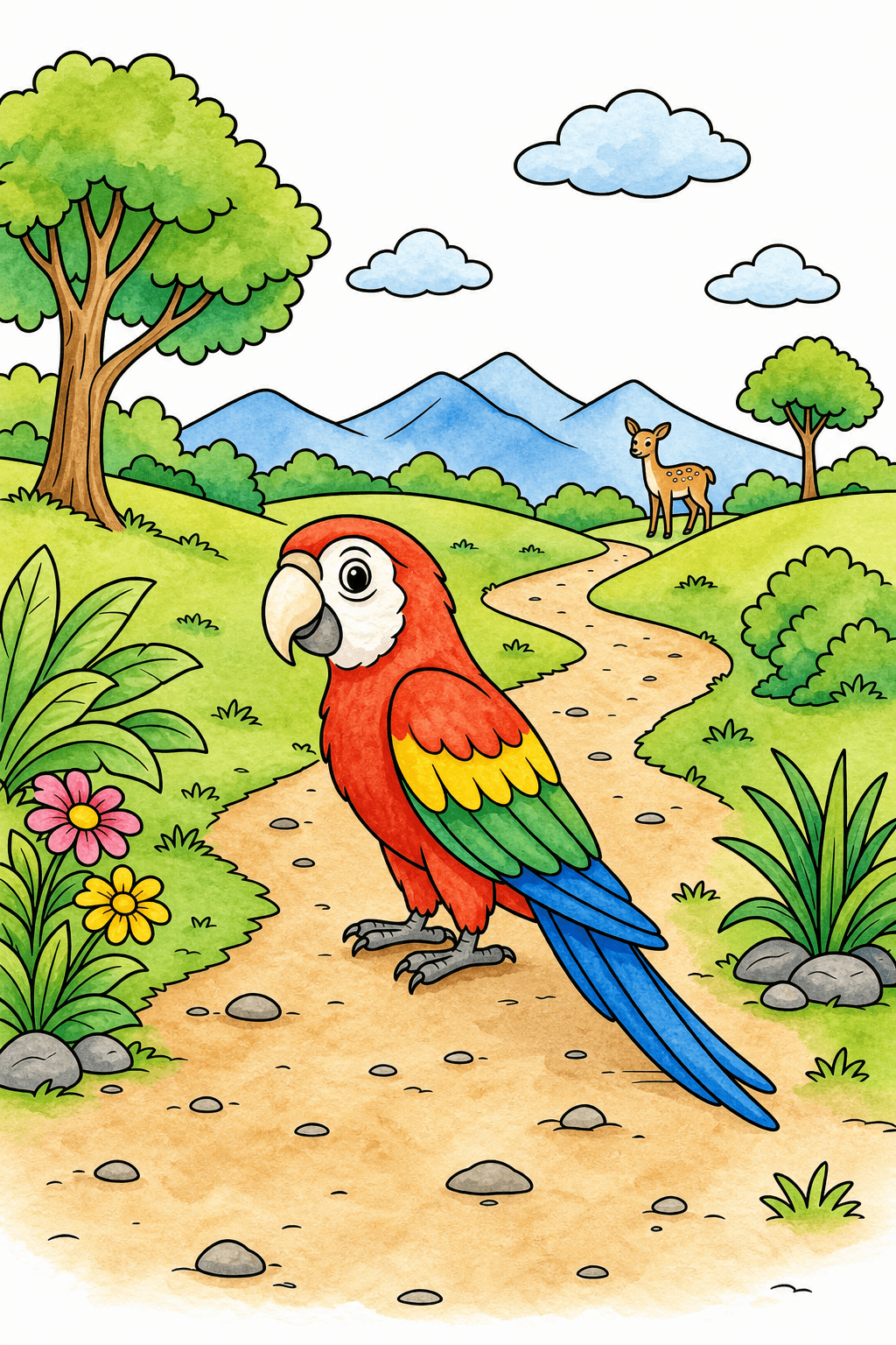 Parrot on a Winding Path watercolor colorized preview