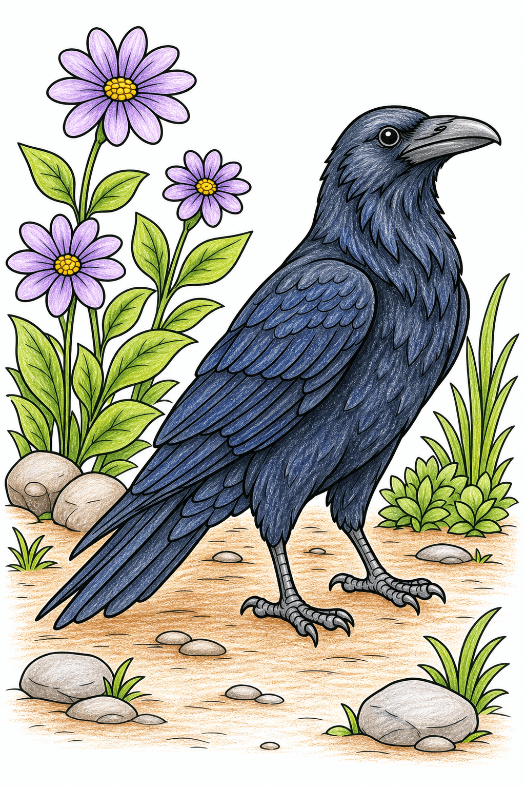 Raven Standing Among Flowers and Stones colored-pencil colorized preview