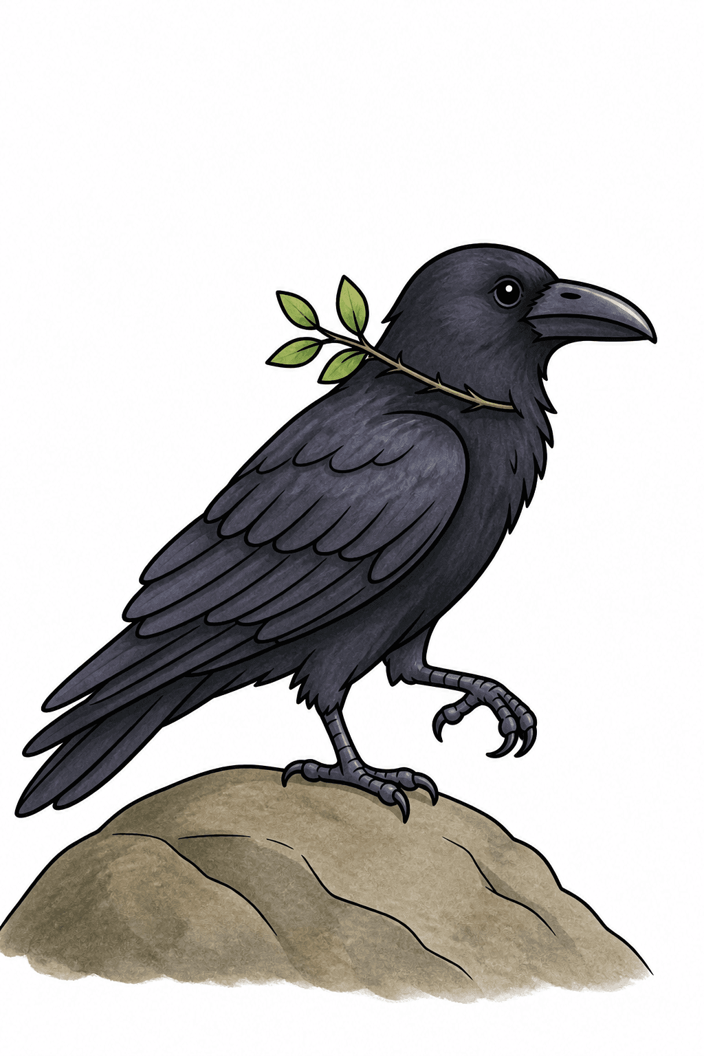 Raven Standing on a Rock with a Leafy Twig storybook colorized preview